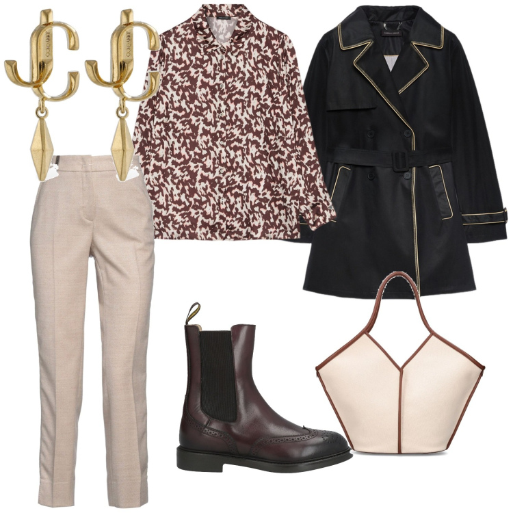 Outfit donna - Ancora un po\' di freddo. per Tutti i giorni. Abbinamento con pantaloni, stivaletti chelsea, camicie, trench, shopping bag, orecchini.