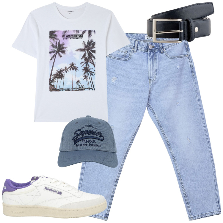 Outfit uomo - City. Stile Casual per Tutti i giorni. Abbinamento con sneakers, t-shirt, cappelli con visiera, jeans strappati, cinture.