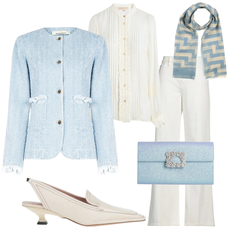 Outfit donna - Stagione dei colori. Stile Chic per Cerimonia. Abbinamento con décolleté, sciarpe, borse a mano, camicie, pantaloni, blazer.