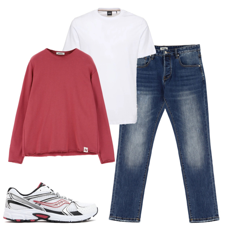 Outfit uomo - City. Stile Casual per Tutti i giorni. Abbinamento con felpe, jeans dritti, t-shirt, sneakers.