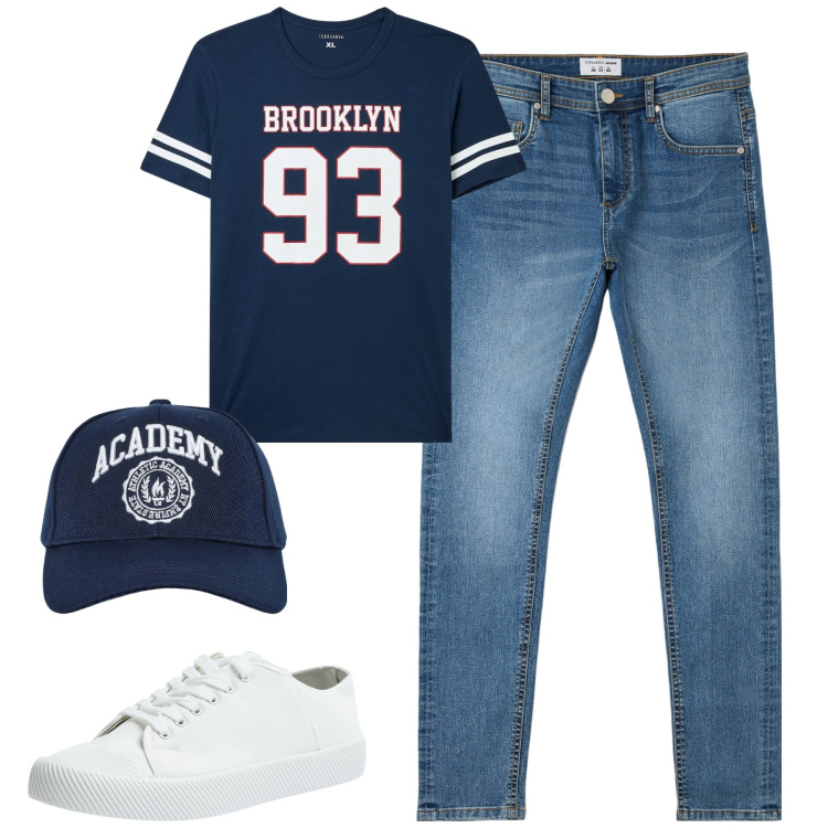 Outfit uomo - City. Stile Casual per Tutti i giorni. Abbinamento con t-shirt, jeans skinny, sneakers, cappelli con visiera.
