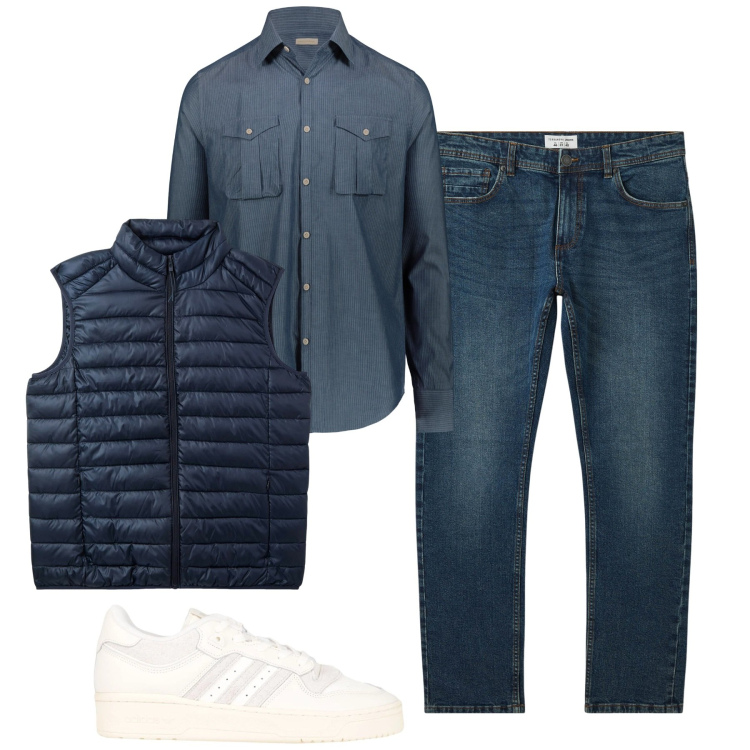 Outfit uomo - City. Stile Casual per Tutti i giorni. Abbinamento con sneakers, jeans, piumini, camicie.