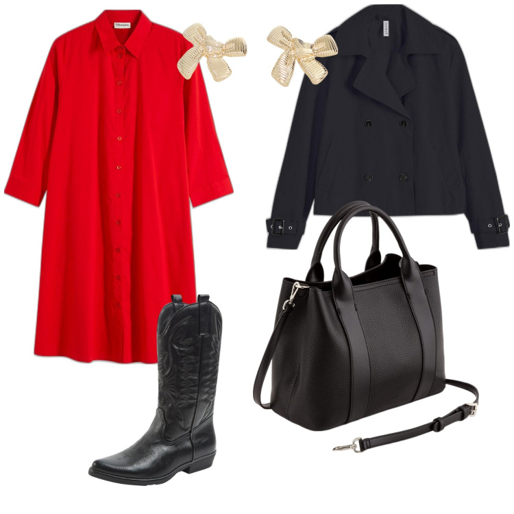 Outfit donna - A lavoro in rosso. per Ufficio. Abbinamento con vestiti chemisier, trench, stivali, orecchini, borse a mano.
