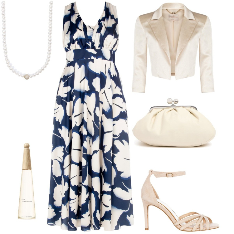 Outfit donna - Cerimonia a primavera. Stile Chic per Cerimonia. Abbinamento con profumi, collane, bolero, vestiti lunghi, sandali col tacco, pochette.