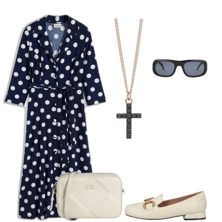 Outfit donna - Total look #2086281. Stile Chic per Tutti i giorni. Abbinamento con vestiti chemisier, occhiali da sole, borse a tracolla, mocassini, collane.