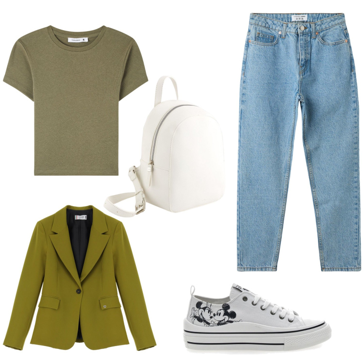 Outfit donna - Total look #2086282. Stile Casual per Tutti i giorni. Abbinamento con jeans mom, t-shirt, blazer, sneakers, zaini.
