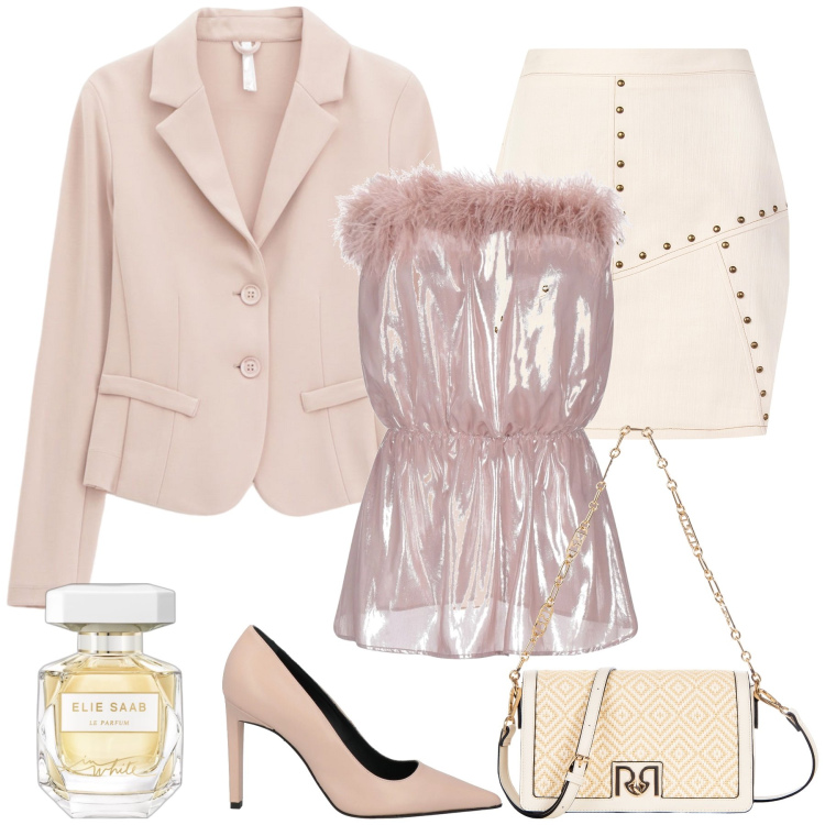Outfit donna - Piume. Stile Chic per Serata fuori. Abbinamento con top, décolleté, profumi, borse a spalla, gonne, blazer.