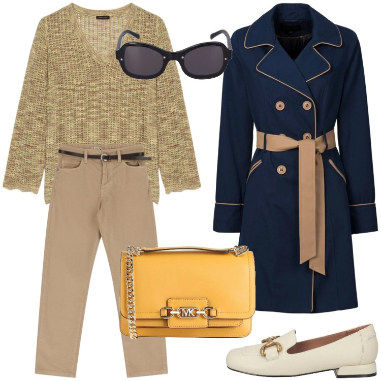 Outfit donna - Urban style. Stile Urban per Tutti i giorni. Abbinamento con trench, borse a spalla, mocassini, pantaloni, maglieria, occhiali da sole.
