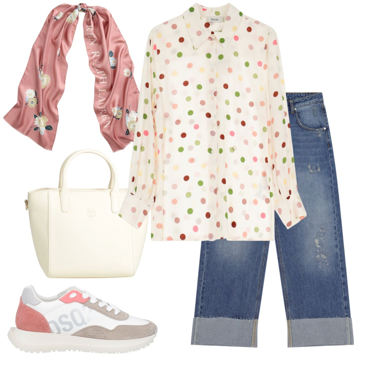 Outfit donna - Pois pastello. Stile Casual per Tutti i giorni. Abbinamento con sneakers, borse a mano, jeans dritti, camicie, foulard.