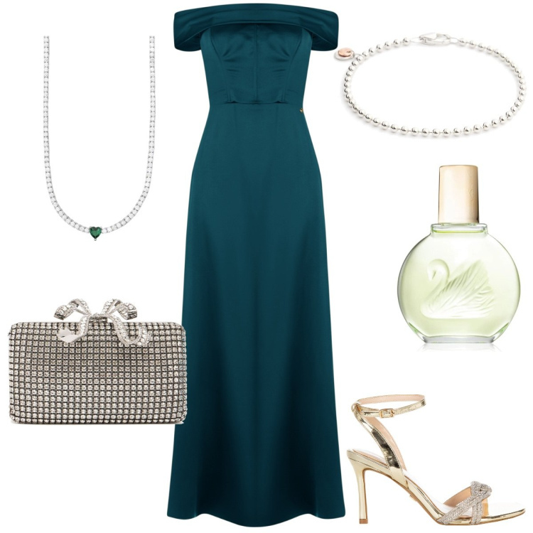 Outfit donna - Il vestito verde reale. Stile Chic per Cerimonia. Abbinamento con vestiti lunghi, sandali col tacco, profumi, collane, pochette, braccialetti.
