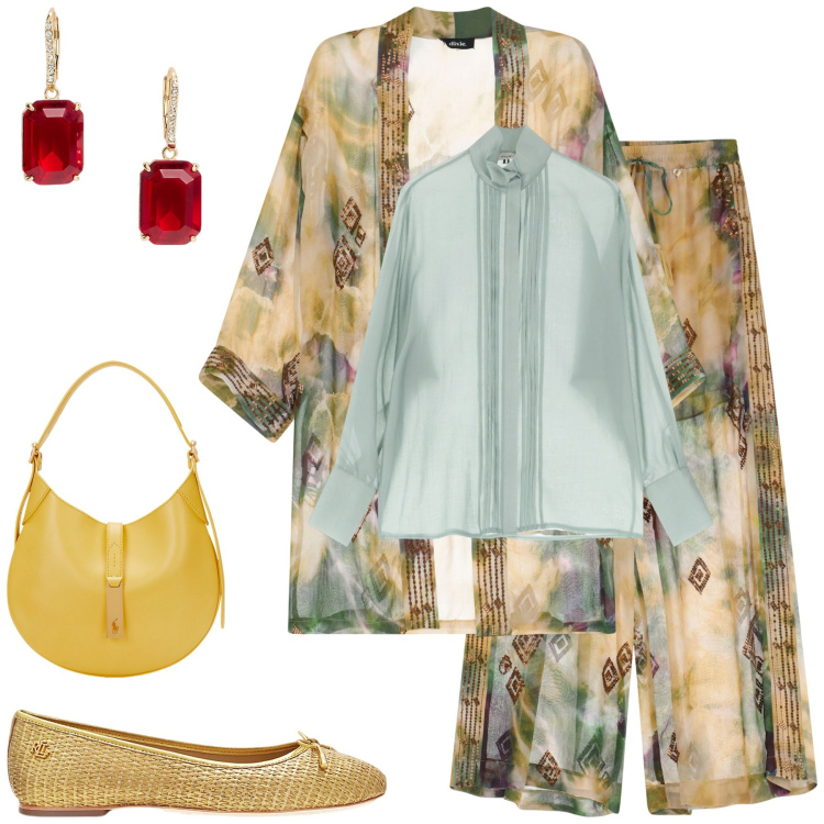 Outfit donna - I colori di Siviglia. Stile Etnico per Tutti i giorni. Abbinamento con pantaloni a palazzo, camicie, trench, orecchini, ballerine, borse a spalla.