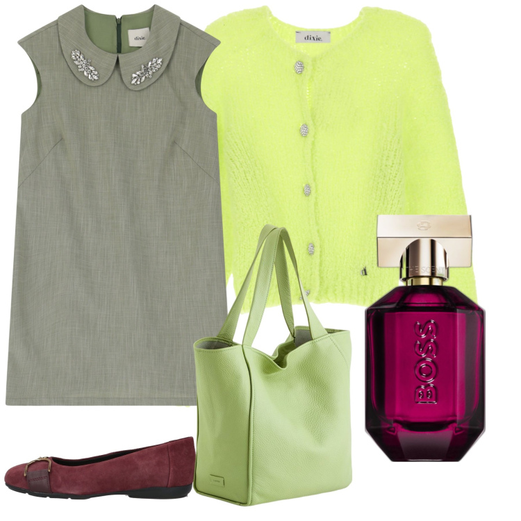 Outfit donna - Verde oliva e fluo, bordeaux. Stile Casual chic per Serata fuori. Abbinamento con ballerine, profumi, cardigans, vestiti corti, shopping bag.