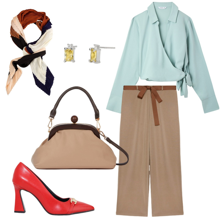 Outfit donna - Décolleté rossa in ufficio. Stile Casual chic per Ufficio. Abbinamento con camicie, orecchini, décolleté, pantaloni, foulard, clutch.