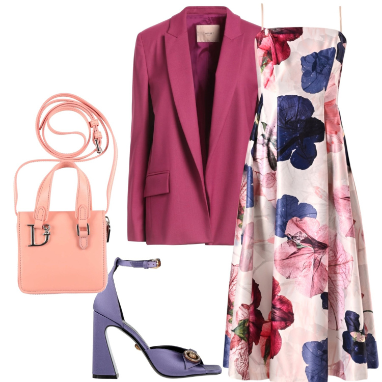 Outfit donna - Colori dei fiori. Stile Chic per Serata fuori. Abbinamento con blazer, sandali in pelle, portafogli, vestiti midi/longuette.