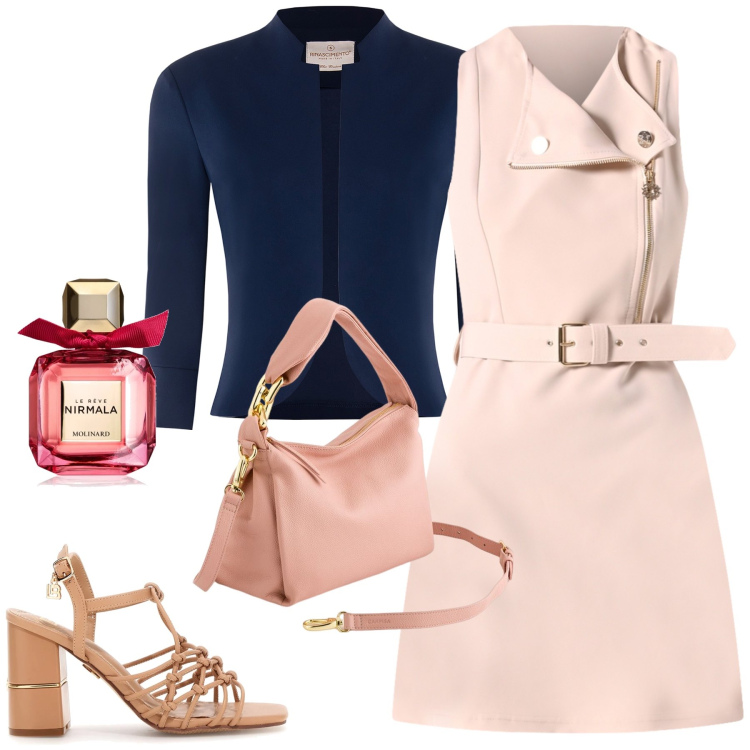 Outfit donna - Un tocco di blu notte. Stile Casual chic per Serata fuori. Abbinamento con profumi, vestiti corti, bolero, sandali col tacco, borse a tracolla.