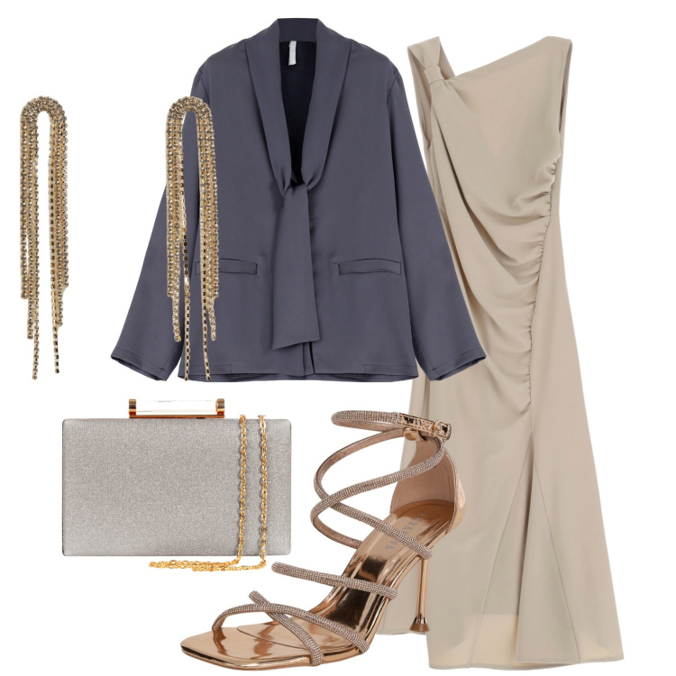 Outfit donna - Elegante primavera @Mery_844. Stile Chic per Cerimonia. Abbinamento con orecchini, sandali col tacco, clutch, blazer, vestiti asimmetrici.