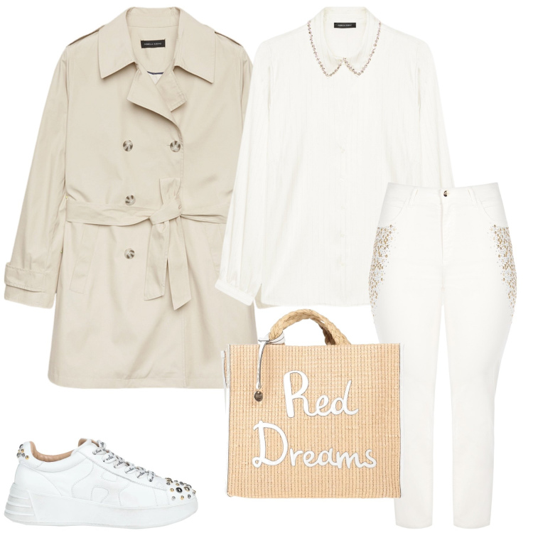 Outfit donna - Bianco e applicazioni. Stile Casual per Tutti i giorni. Abbinamento con borse a mano, sneakers, jeans dritti, camicie, trench.