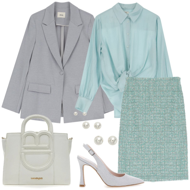 Outfit donna - Total look #2086337. Stile Chic per Ufficio. Abbinamento con gonne longuette, camicie, blazer, orecchini, décolleté, borse a tracolla.