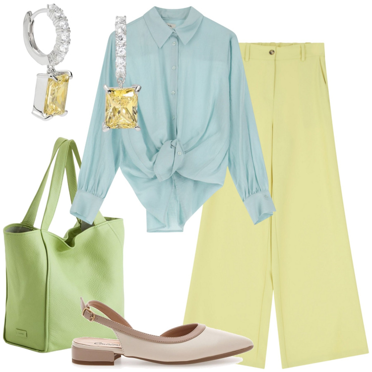 Outfit donna - Visitando Alcazar. Stile Casual chic per Tutti i giorni. Abbinamento con orecchini, pantaloni a palazzo, camicie, ballerine, shopping bag.