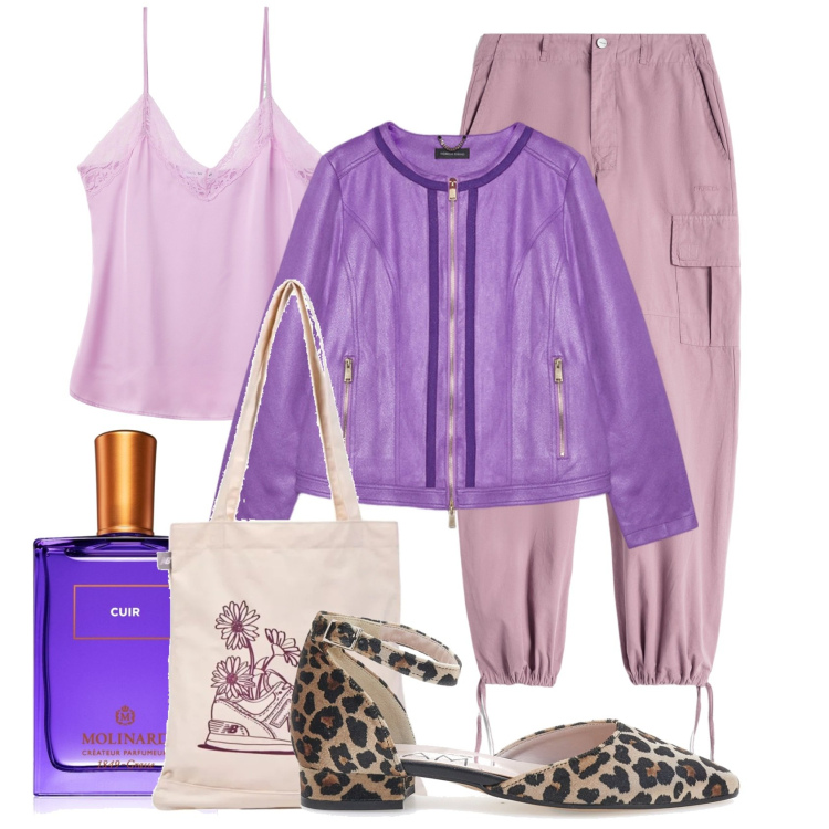 Outfit donna - I colori della rinascita. Stile Sporty chic per Tutti i giorni. Abbinamento con profumi, top, shopping bag, pantaloni cargo, ballerine, blazer.