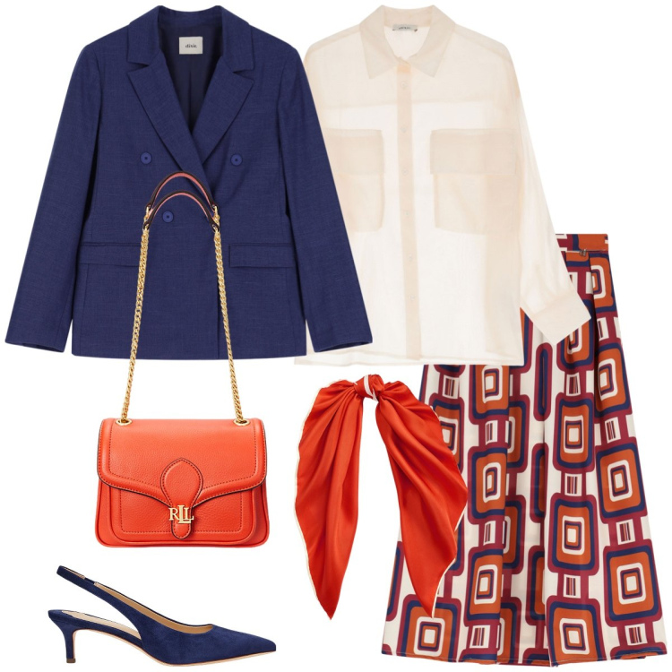 Outfit donna - Total look #2086352. Stile Chic per Tutti i giorni. Abbinamento con décolleté, foulard, borse a spalla, gonne longuette, camicie, blazer.
