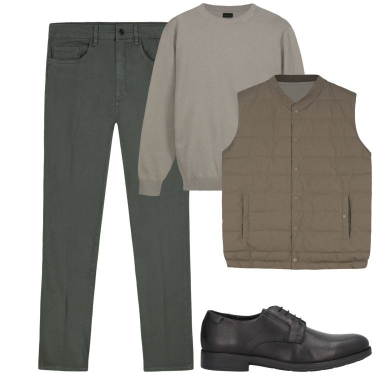 Outfit uomo - City. Stile Urban per Tutti i giorni. Abbinamento con scarpe stringate, gilet, maglieria, pantaloni.