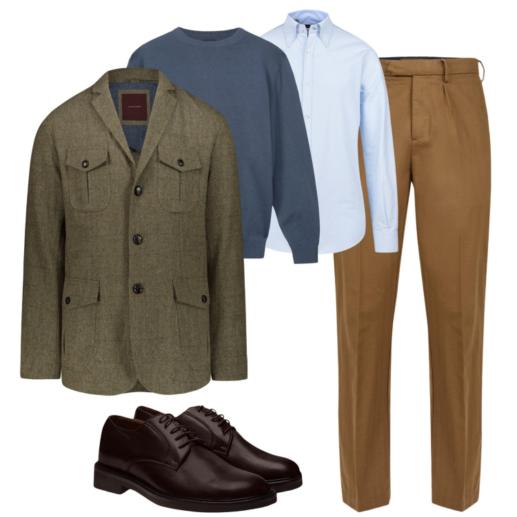 Outfit uomo - In ufficio. Stile Business/Elegante per Ufficio. Abbinamento con giacche, scarpe stringate, pantaloni, maglieria, camicie.