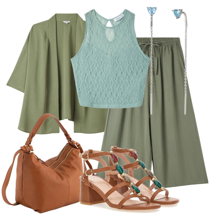 Outfit donna - I colori della rinascita. Stile Casual chic per Tutti i giorni. Abbinamento con kimono, pantaloni a palazzo, top, orecchini, sandali col tacco, borse a tracolla.