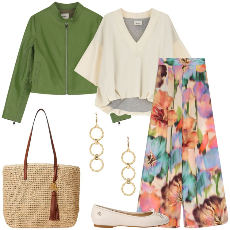 Outfit donna - Total look #2086370. Stile Casual chic per Tutti i giorni. Abbinamento con borse tote, orecchini, ballerine, giacche, pantaloni a palazzo, t-shirt.