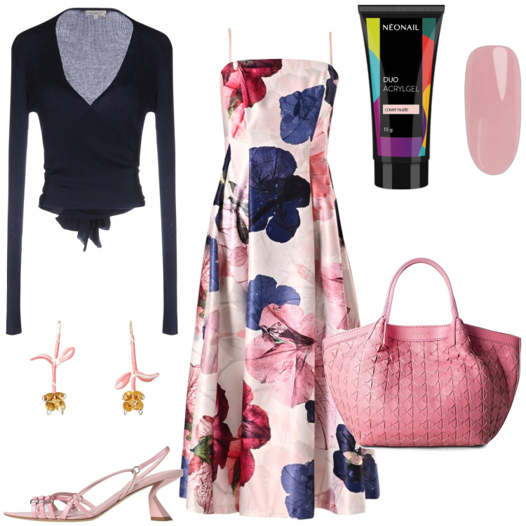 Outfit donna - Tornano i fiori a primavera. Stile Bon Ton per Serata fuori. Abbinamento con borse a mano, cardigans, orecchini, sandali in pelle, smalti, vestiti midi/longuette.