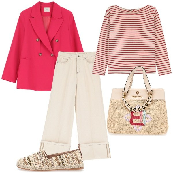 Outfit donna - Pratica e disinvolta. Stile Casual per Tutti i giorni. Abbinamento con pantaloni, maglieria, blazer, espadrillas, borse a mano.