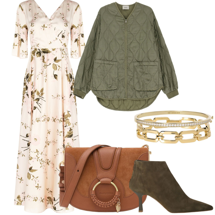 Outfit donna - Boho Glam. Stile Boho per Tutti i giorni. Abbinamento con borse a tracolla, vestiti lunghi, braccialetti, braccialetti, giacche, stivaletti.