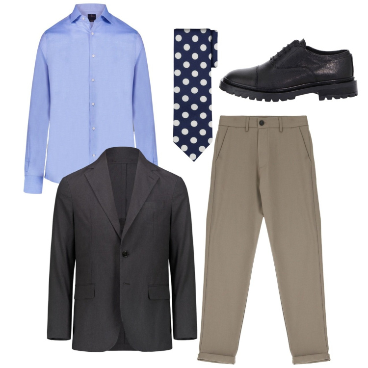 Outfit uomo - Pois. Stile Business/Elegante per Ufficio. Abbinamento con pantaloni, scarpe stringate, camicie, giacche, cravatte.