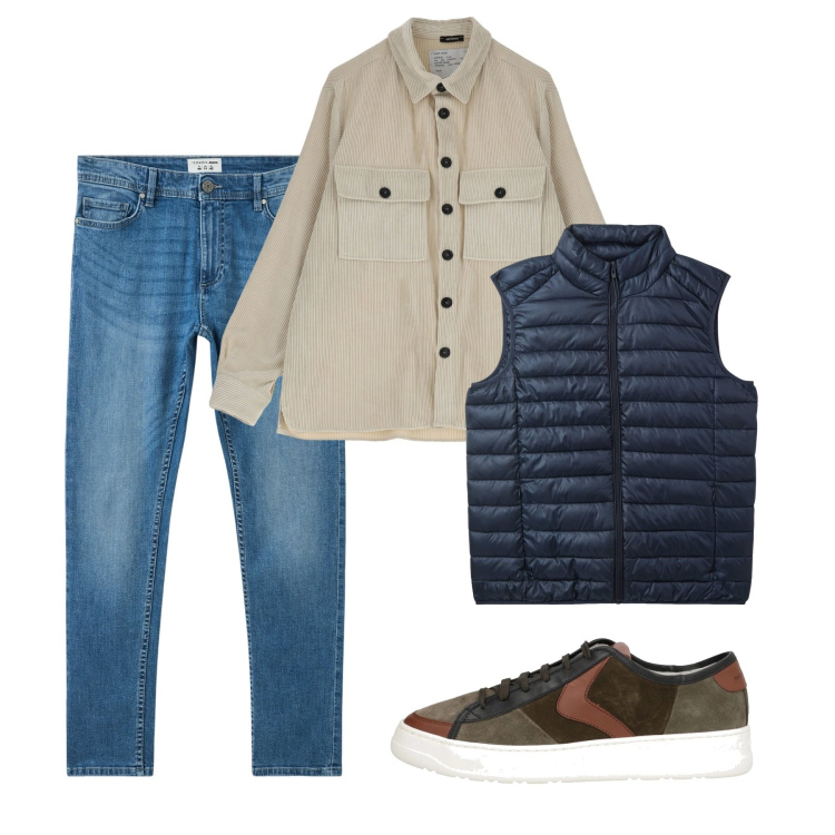 Outfit uomo - Il fresco di fine inverno. Stile Casual per Tutti i giorni. Abbinamento con sneakers, jeans skinny, piumini, camicie.