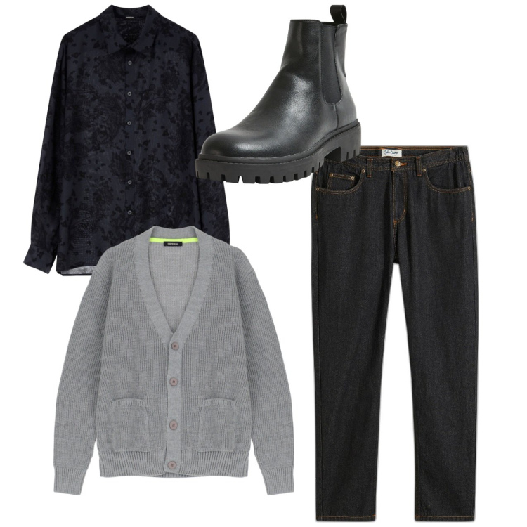 Outfit uomo - City. Stile Casual per Tutti i giorni. Abbinamento con jeans dritti, stivali e stivaletti, camicie, cardigans.