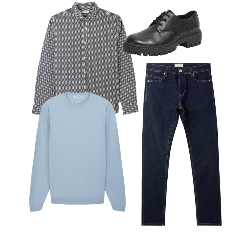 Outfit uomo - City. Stile Casual per Tutti i giorni. Abbinamento con jeans skinny, camicie, scarpe stringate, maglieria.