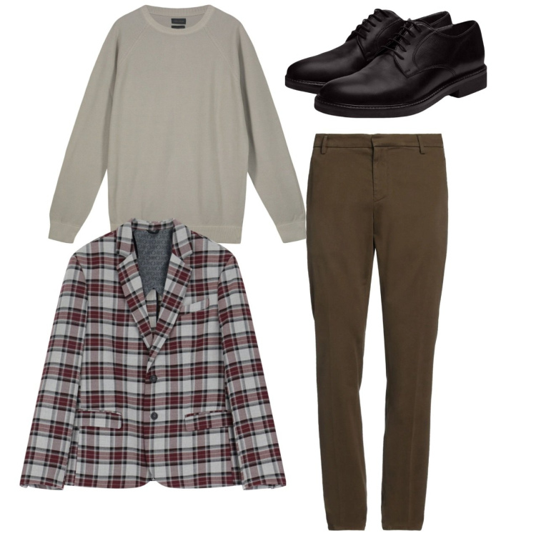 Outfit uomo - City. Stile Trendy per Tutti i giorni. Abbinamento con pantaloni chino, giacche, scarpe stringate, maglieria.