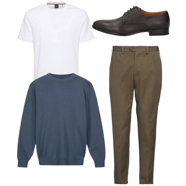 Outfit uomo - City. Stile Casual per Tutti i giorni. Abbinamento con scarpe stringate, pantaloni, maglieria, t-shirt.