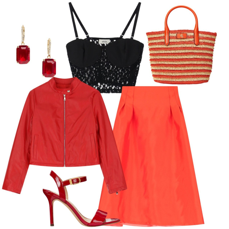 Outfit donna - Dixie - Sognando Siviglia SS25. Stile Chic per Tutti i giorni. Abbinamento con gonne longuette, giacche, top, sandali col tacco, orecchini, borse tote.