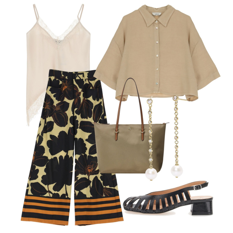 Outfit donna - Dixie - Sognando Siviglia SS25. Stile Chic per Tutti i giorni. Abbinamento con orecchini, pantaloni a palazzo, camicie, top, borse tote, décolleté.
