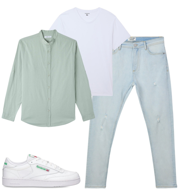 Outfit uomo - City. Stile Casual per Tutti i giorni. Abbinamento con camicie, t-shirt, jeans strappati, sneakers.