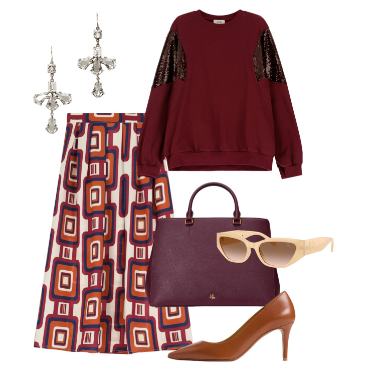Outfit donna - Dixie - Sognando Siviglia SS25. Stile Chic per Tutti i giorni. Abbinamento con gonne longuette, felpe, décolleté, borse a mano, orecchini, occhiali da sole.