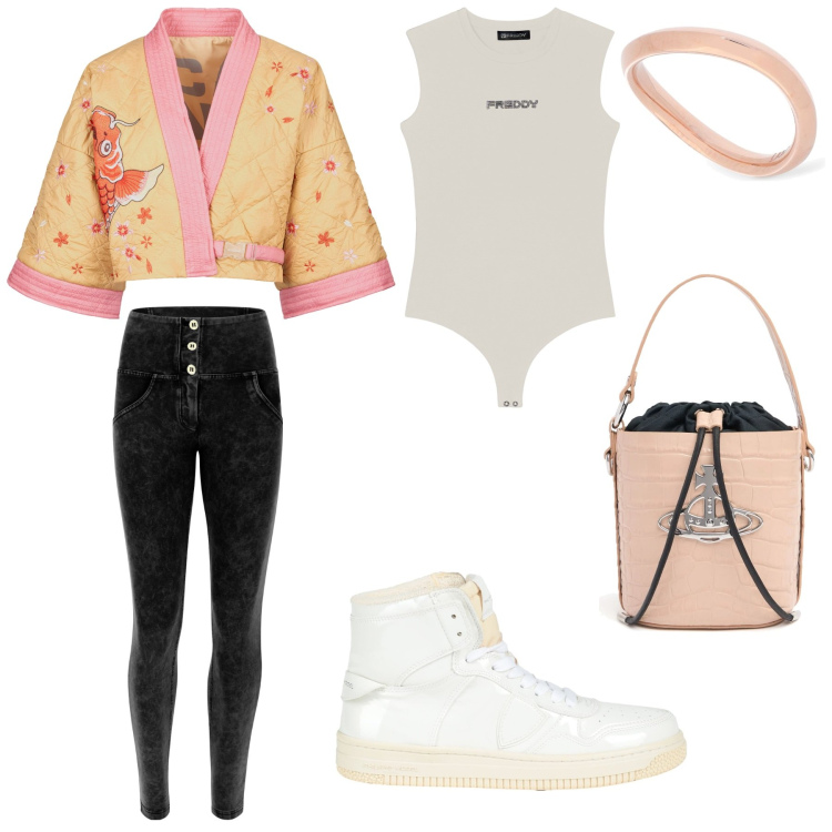 Outfit donna - Commerciale o rock. Stile Urban per Scuola/Università. Abbinamento con sneakers alte, pantaloni skinny, body, kimono, anelli, borse a mano.