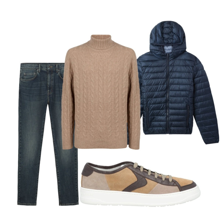 Outfit uomo - Total look 2. Stile Casual per Tutti i giorni. Abbinamento con sneakers, piumini, maglieria, jeans.