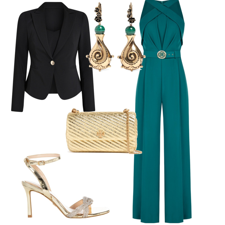 Outfit donna - Cerimonia. Stile Glamour per Cerimonia. Abbinamento con blazer, tute, sandali col tacco, borse a spalla, orecchini.