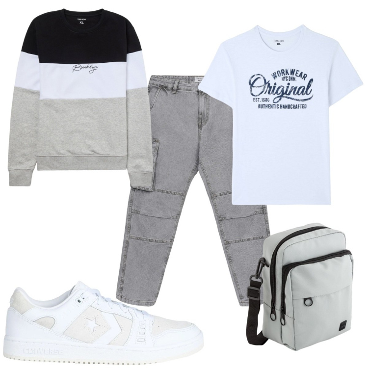 Outfit uomo - Total look 3. Stile Casual per Tutti i giorni. Abbinamento con sneakers, t-shirt, felpe, jeans, borse sportive.