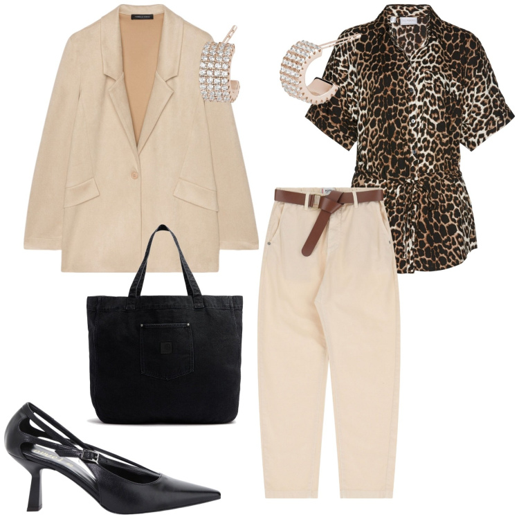 Outfit donna - Pausa pranzo. per Ufficio. Abbinamento con camicie a manica corta, orecchini, pantaloni chino, décolleté, blazer, shopping bag.