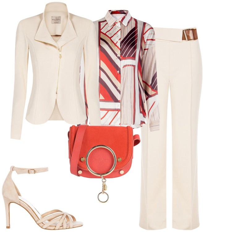 Outfit donna - Elegante giorno. Stile Chic per Tutti i giorni. Abbinamento con borse a tracolla, pantaloni, camicie, blazer, sandali col tacco.
