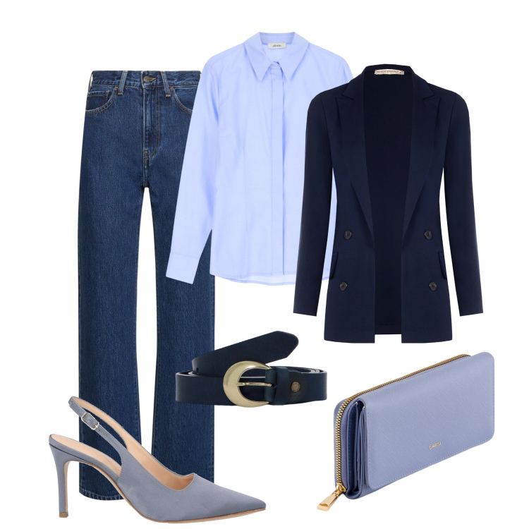 Outfit donna - Raffinata con i jeans. Stile Casual chic per Tutti i giorni. Abbinamento con décolleté, blazer, camicie, cinture, jeans dritti, portafogli.
