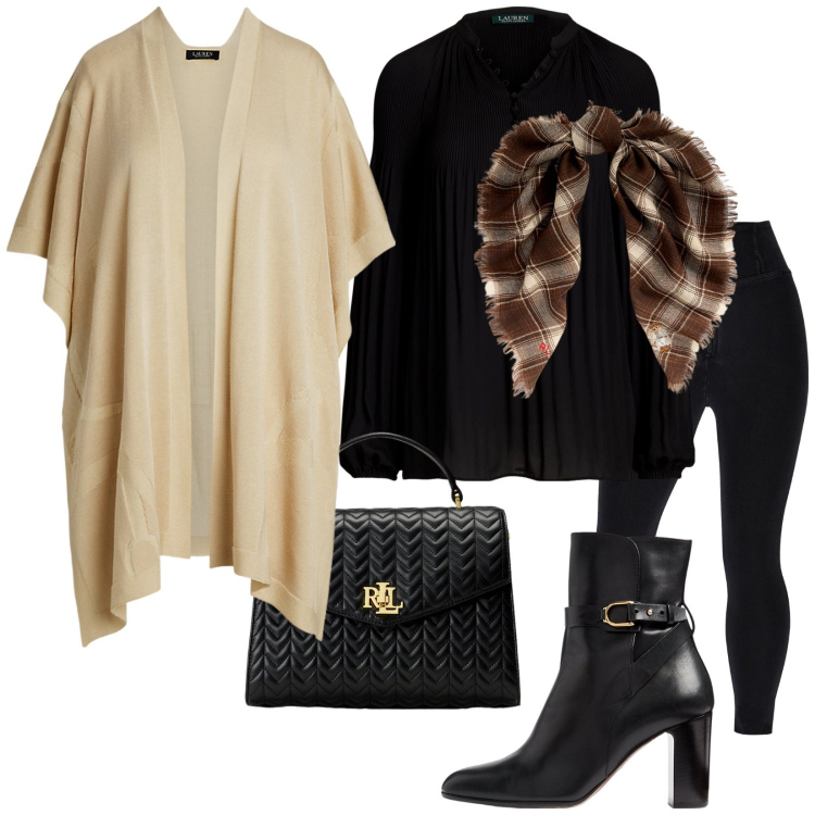 Outfit donna - La mantella. Stile Trendy per Serata fuori. Abbinamento con jeggings, camicie, stivaletti, foulard, borse a mano, cappe.